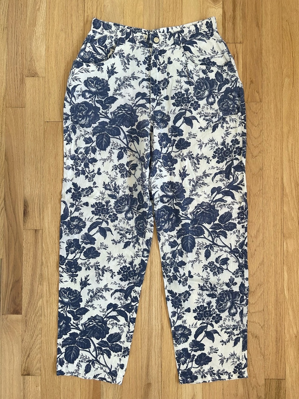 LAUREN RALPH LAUREN floral linen straight leg pants blue white toile size 10